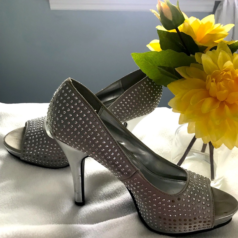 Silver satin with rhinestones shoes